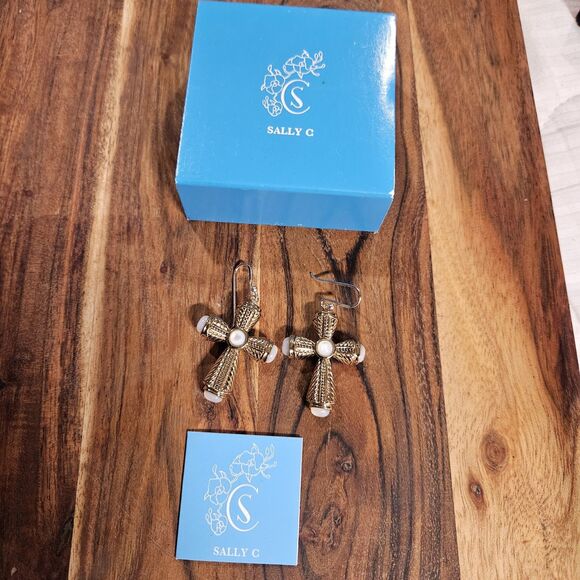 Sally C Treasures Cross Gold Tone Earrings Sterling Silver 925 - Picture 3 of 6